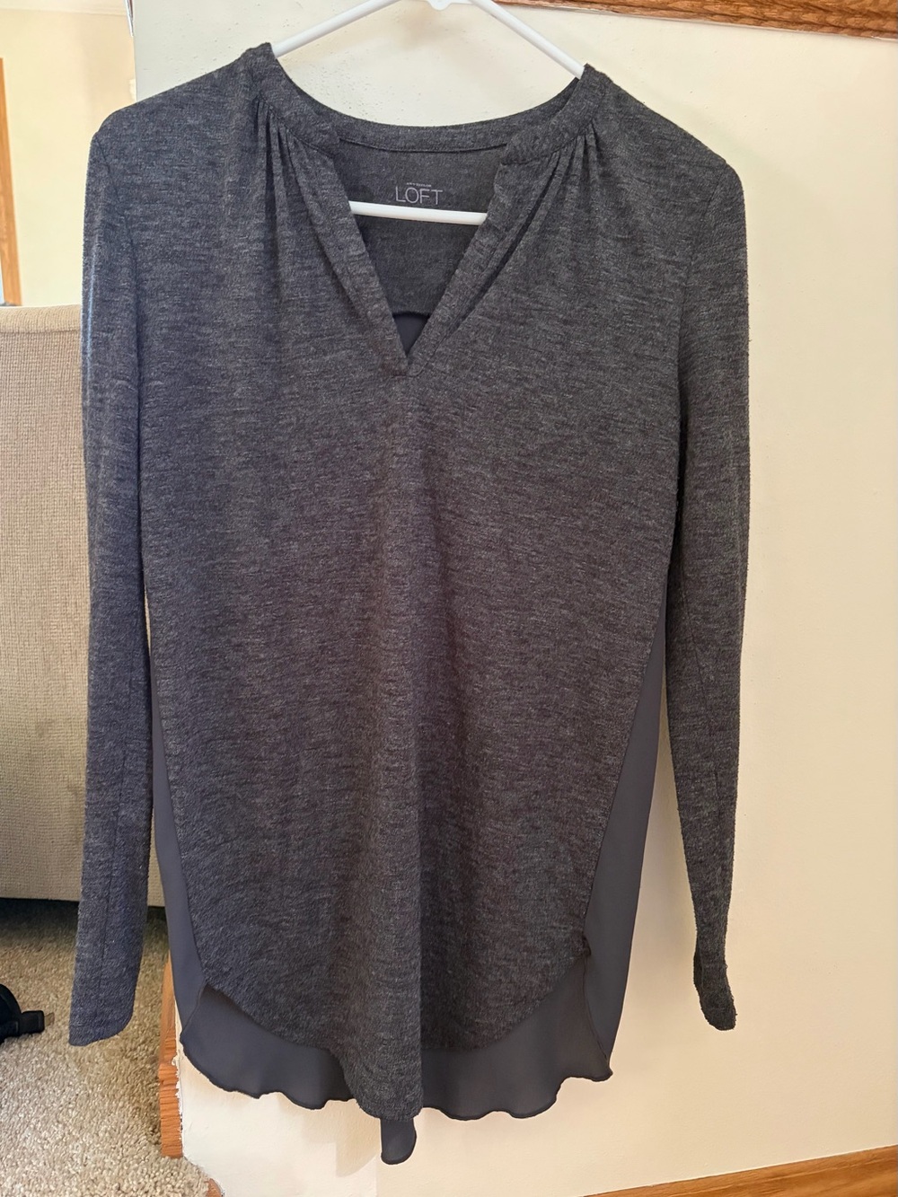 LOFT XS Charcoal Gray Mixed Media Chiffon High Low Tunic Top